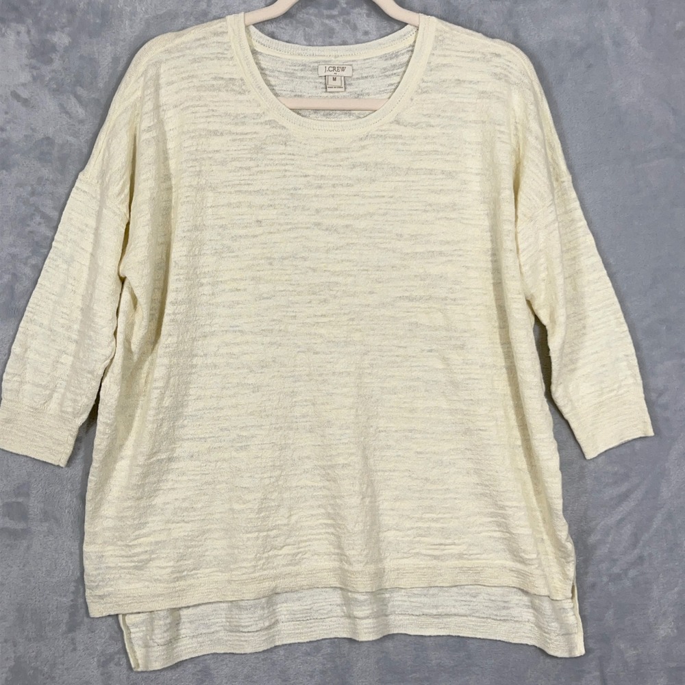 J.Crew Womens Knit Top M Cream Linen Blend 3/4 Sleeve Minimalist Coastal Boho